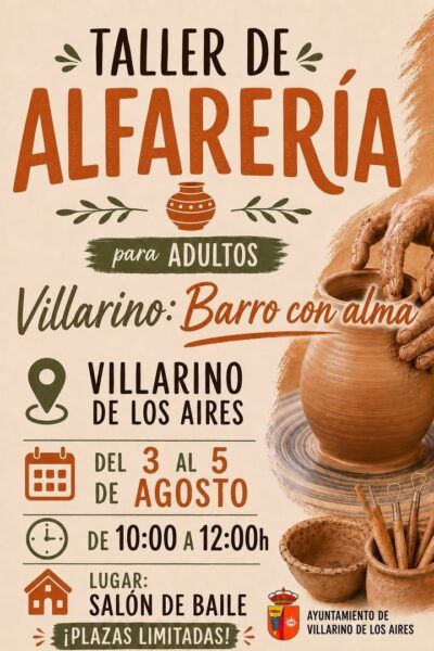 Cartel del Taller de Alfarería para Adultos en Villarino de los Aires