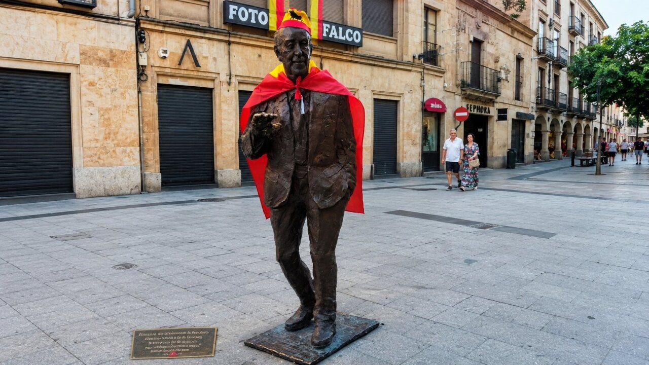 Estatua de Vicente del Bosque vestida con la bandera de España