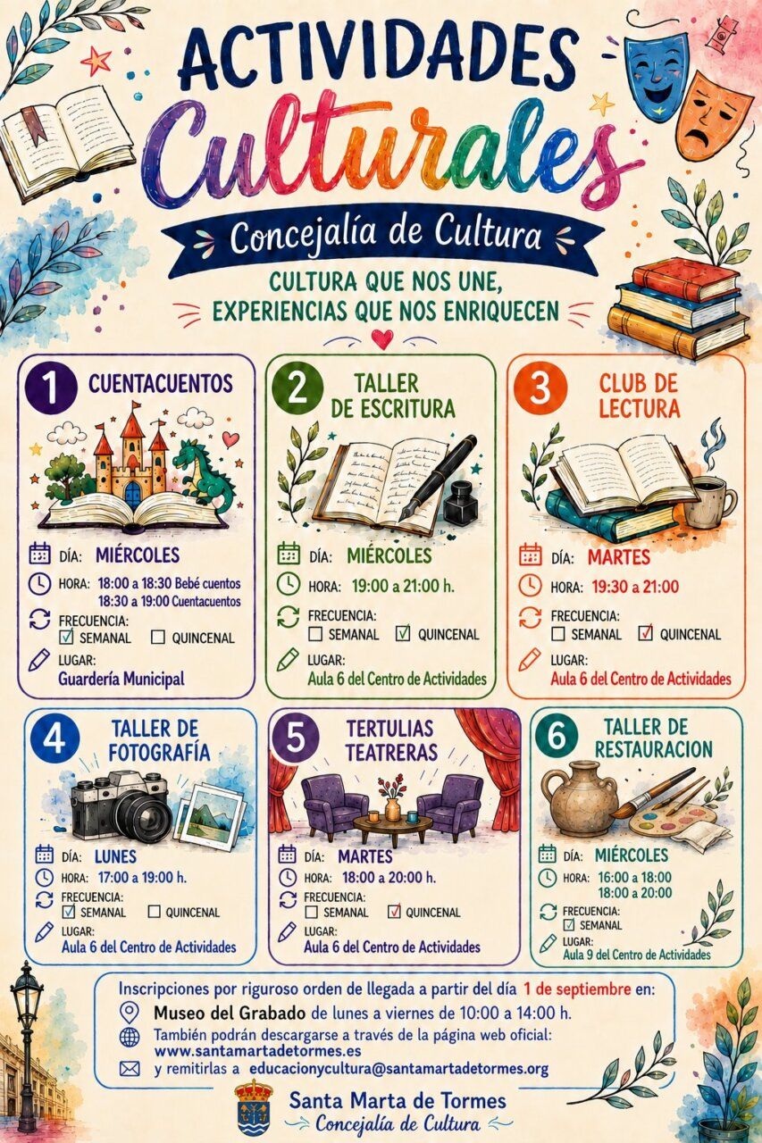Cartel de actividades culturales en Santa Marta de Tormes con horarios y talleres