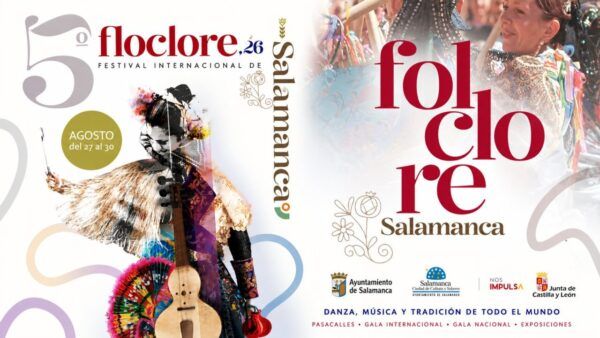 Cartel del V Festival Internacional de Folclore en Salamanca con danzas y tradiciones.