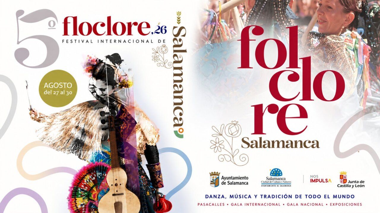 Cartel del V Festival Internacional de Folclore en Salamanca con danzas y tradiciones.