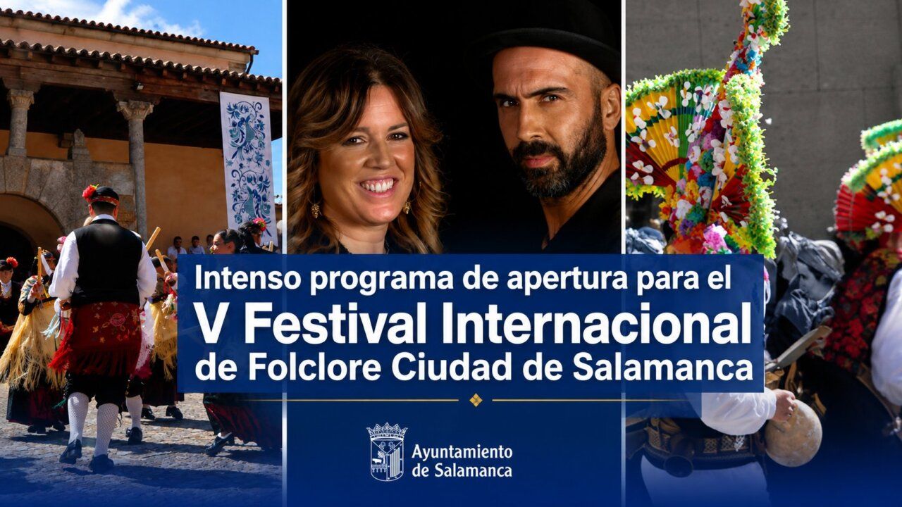 Participantes del V Festival Internacional de Folclore en Salamanca con trajes tradicionales.