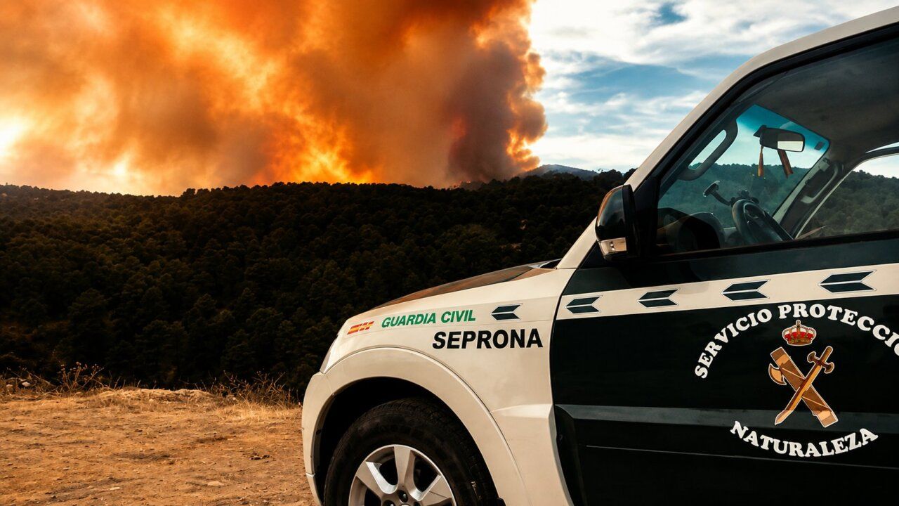 Vehículo del Servicio de Protección de la Naturaleza frente a un incendio forestal