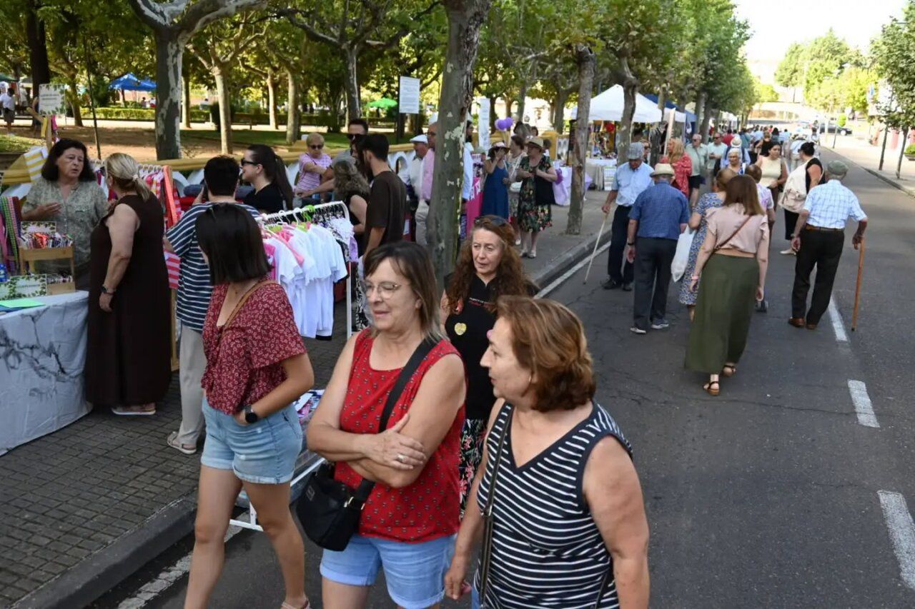 Gente disfrutando del Martes Chico en Ciudad Rodrigo con puestos de comercio