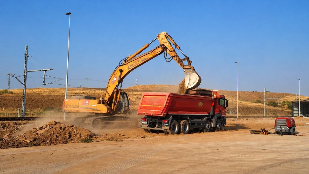 Excavadora cargando material en el Puerto Seco de Salamanca
