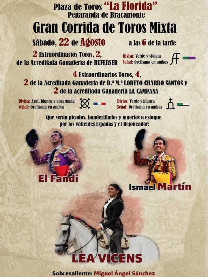 Cartel de la corrida mixta en Peñaranda de Bracamonte con detalles del evento.