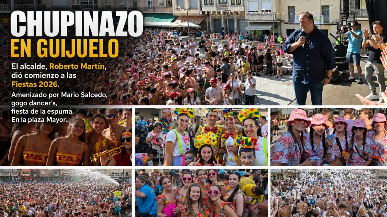 Celebración del chupinazo en Guijuelo con gran multitud y ambiente festivo.