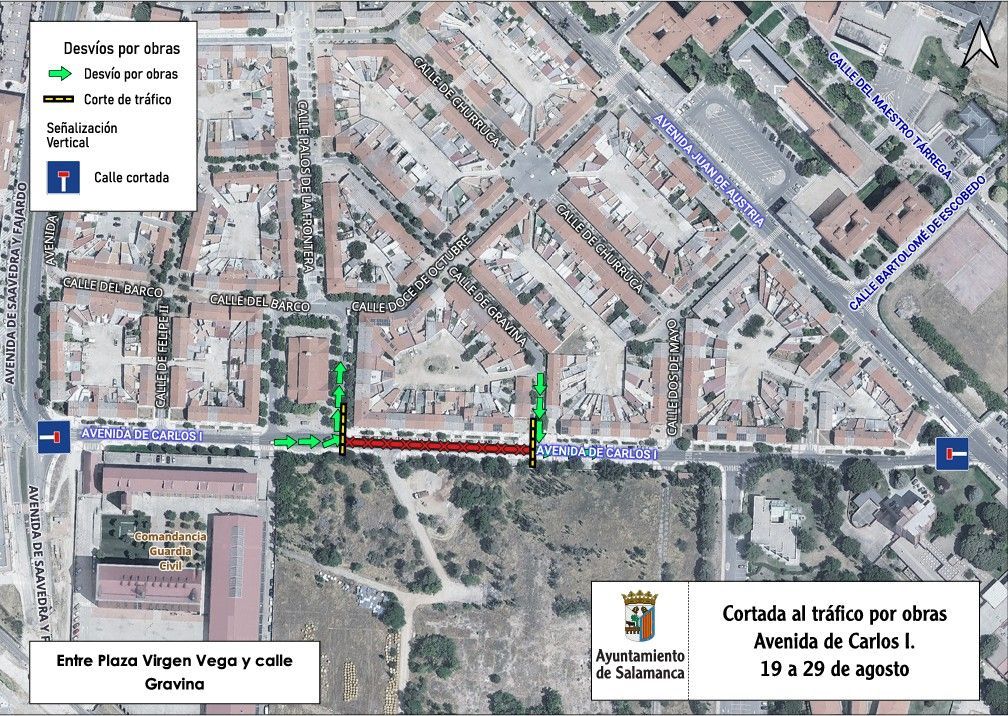 Mapa de cortes al tráfico en la avenida Carlos I en Salamanca