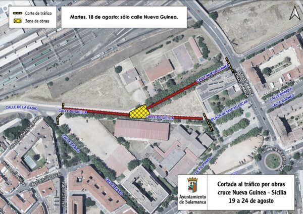 Mapa de cortes al tráfico en Salamanca por obras en Nueva Guinea