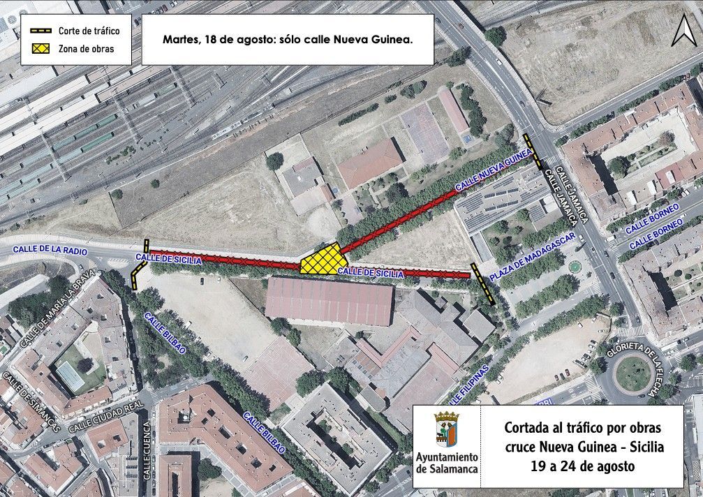 Mapa de cortes al tráfico en Salamanca por obras en Nueva Guinea
