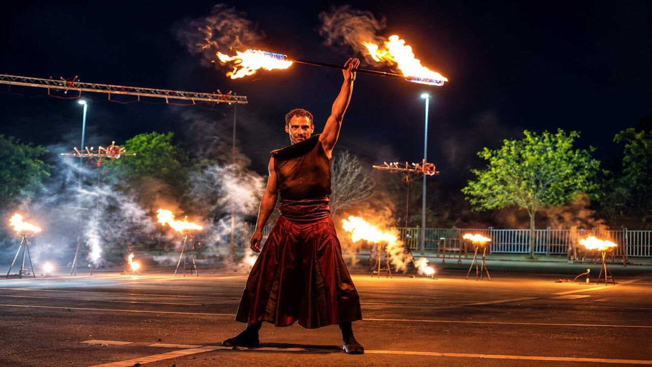 Artista de fuego realizando un espectáculo en Carbajosa de la Sagrada