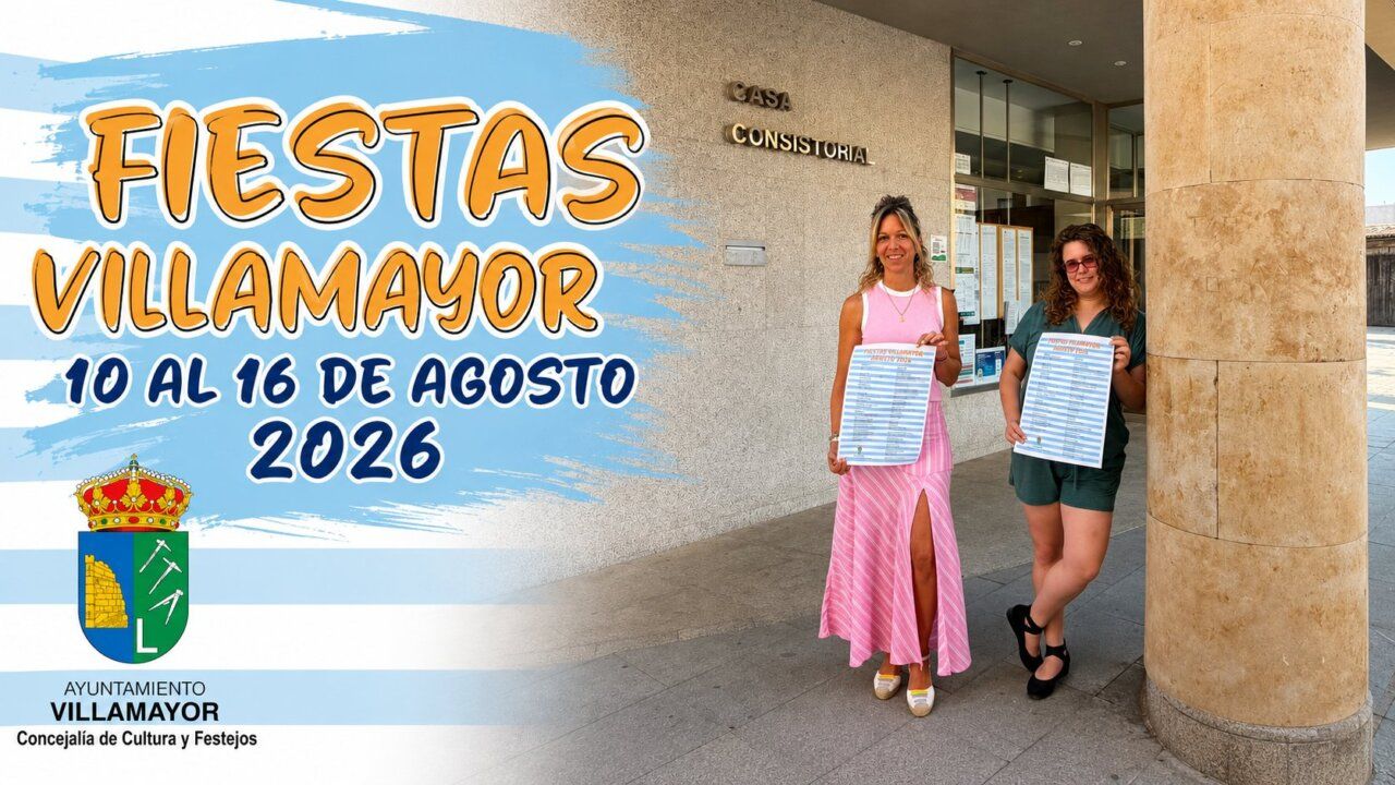 Mujeres sosteniendo un cartel de las fiestas de Villamayor 2026