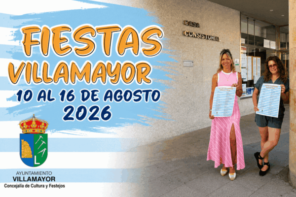 Dos mujeres sosteniendo carteles de las fiestas de Villamayor 2026