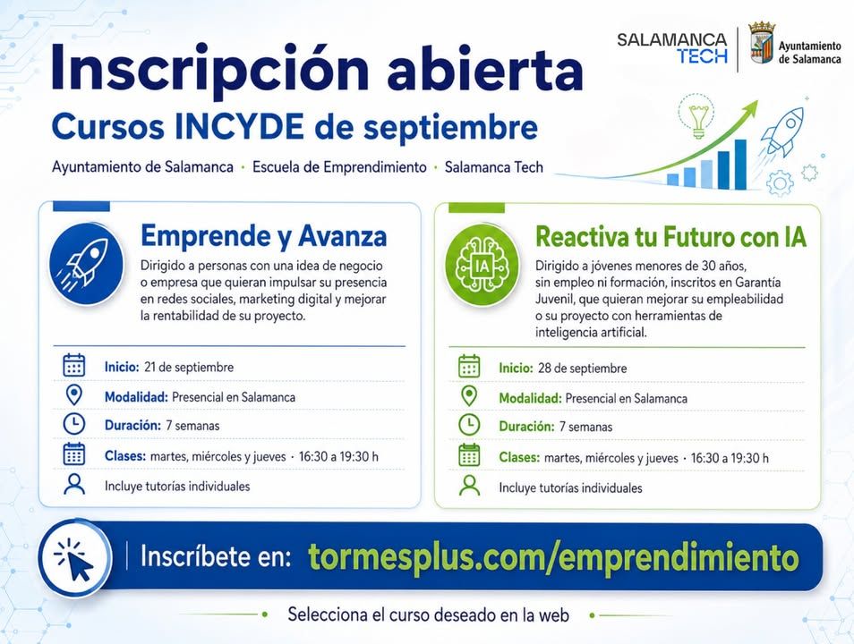 Cartel informativo sobre cursos INCYDE en Salamanca para emprendedores jóvenes.