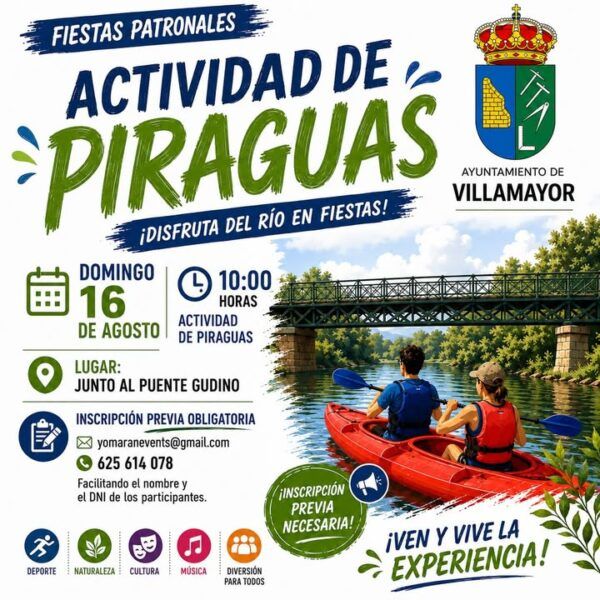 Cartel de actividad de piraguas en Villamayor con detalles del evento