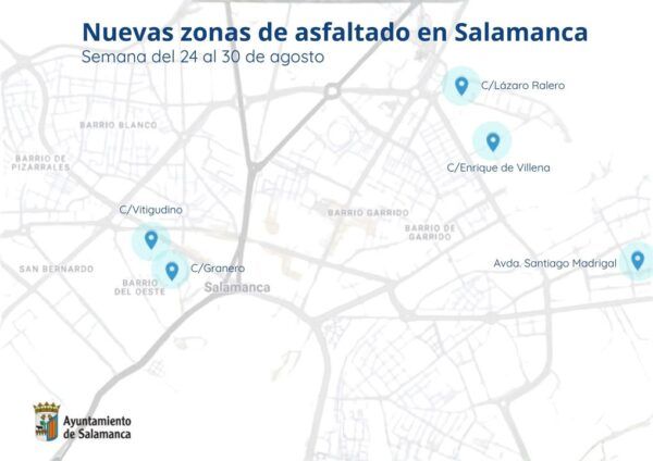 Mapa de nuevas zonas de asfaltado en Salamanca para la semana del 24 al 30 de agosto