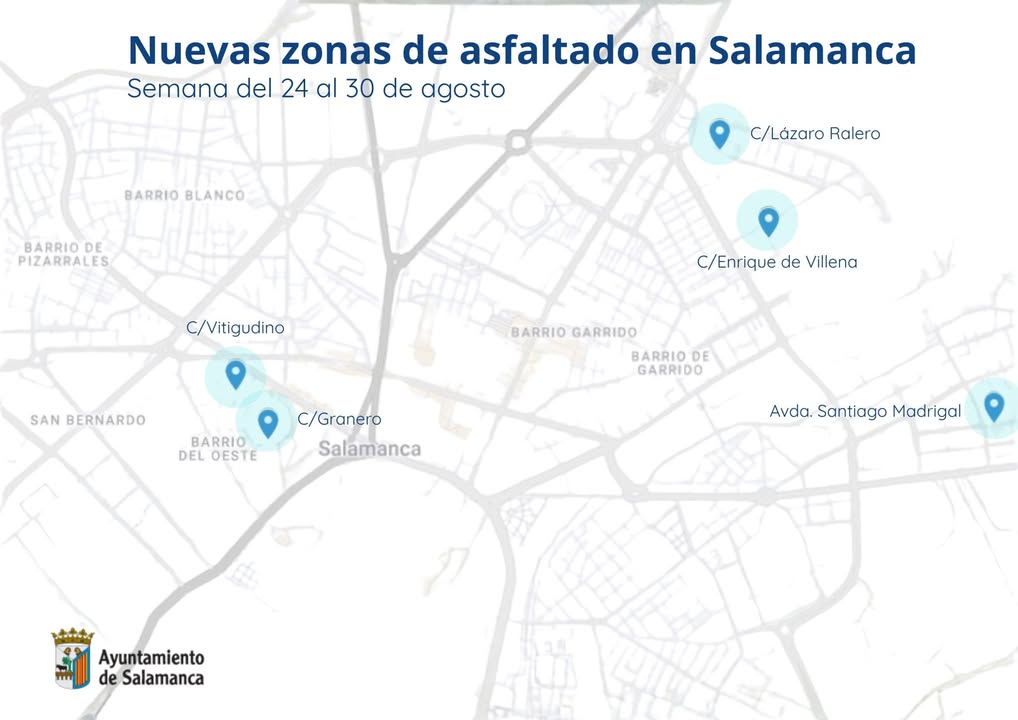 Mapa de nuevas zonas de asfaltado en Salamanca para la semana del 24 al 30 de agosto