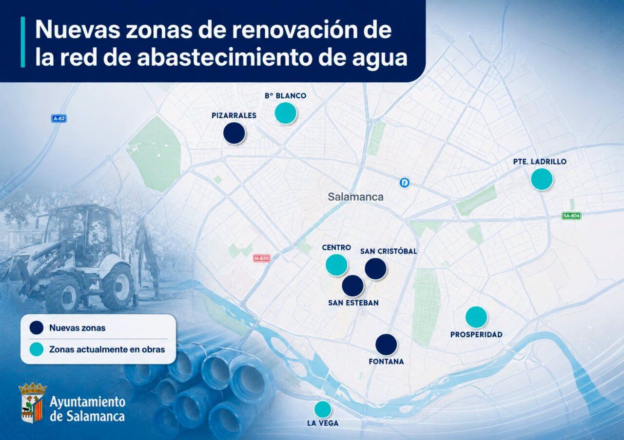 Mapa de nuevas zonas de renovación de la red de abastecimiento de agua en Salamanca