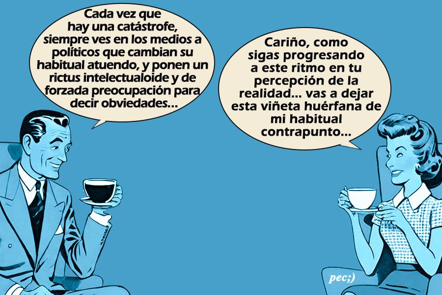 Viñeta de diálogo entre dos personajes con tazas de café