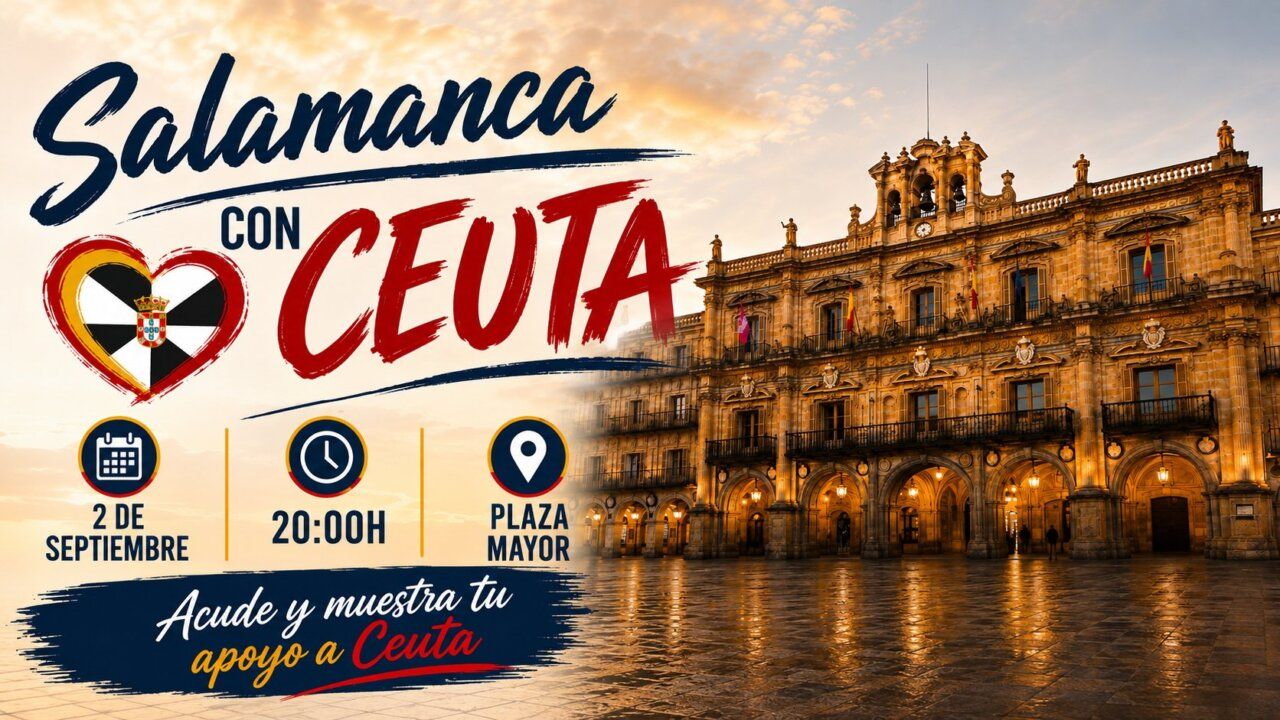 Cartel del acto de apoyo a Ceuta en Salamanca con la Plaza Mayor de fondo