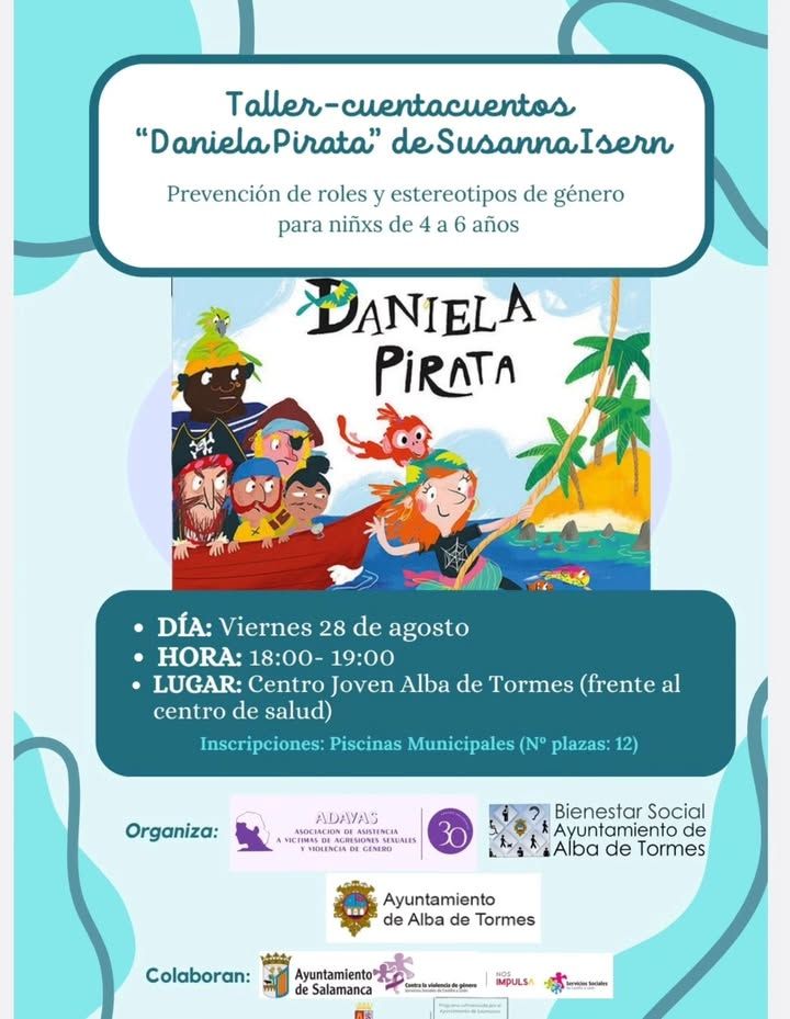Cartel del Taller-Cuentacuentos Daniela Pirata para niños de 4 a 6 años.