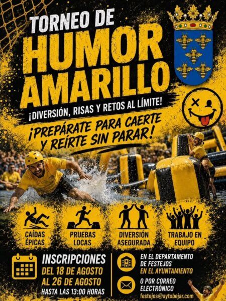 Cartel del torneo de Humor Amarillo en Béjar con actividades divertidas.