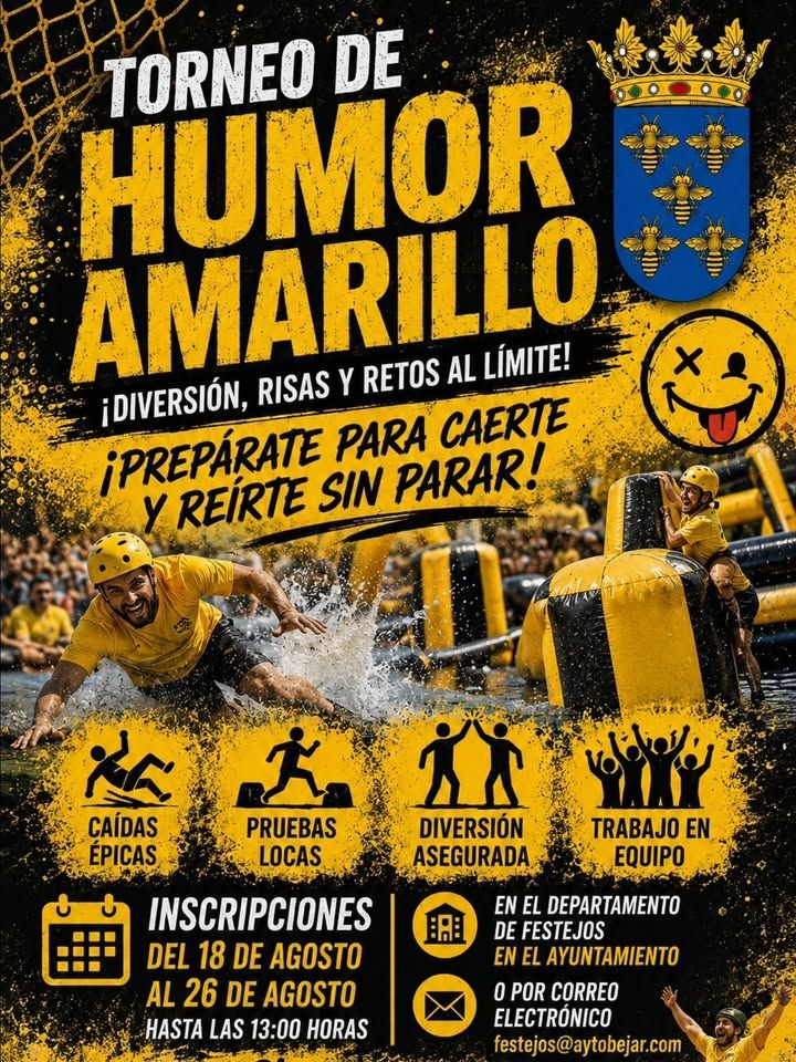 Cartel del torneo de Humor Amarillo en Béjar con actividades divertidas.