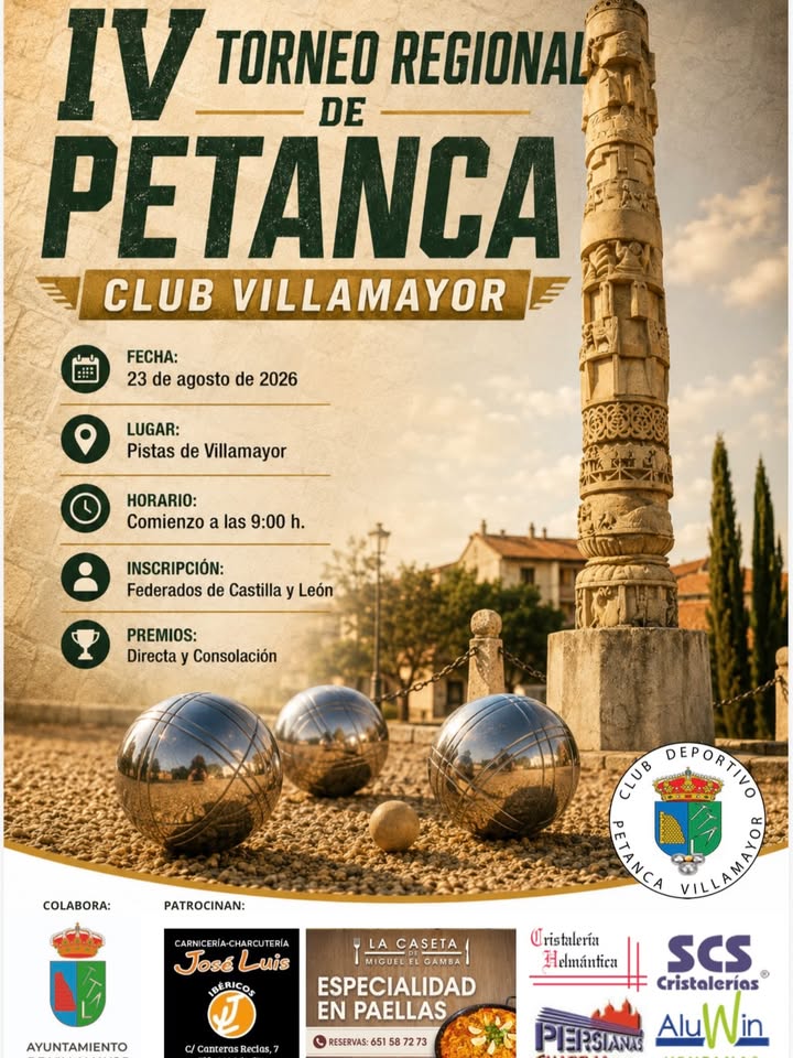 Cartel del IV Torneo Regional de Petanca en Villamayor con detalles del evento