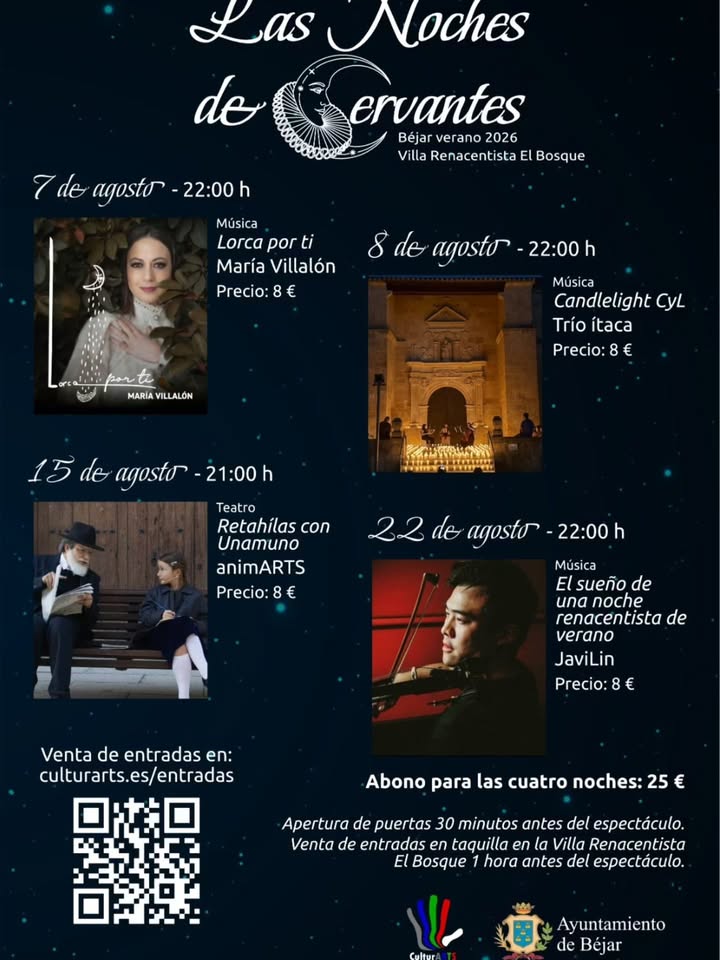 Cartel del evento Las Noches de Cervantes en Béjar con detalles de actuaciones