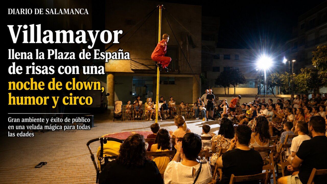 Espectáculo de circo en la Plaza de España de Villamayor con público disfrutando.