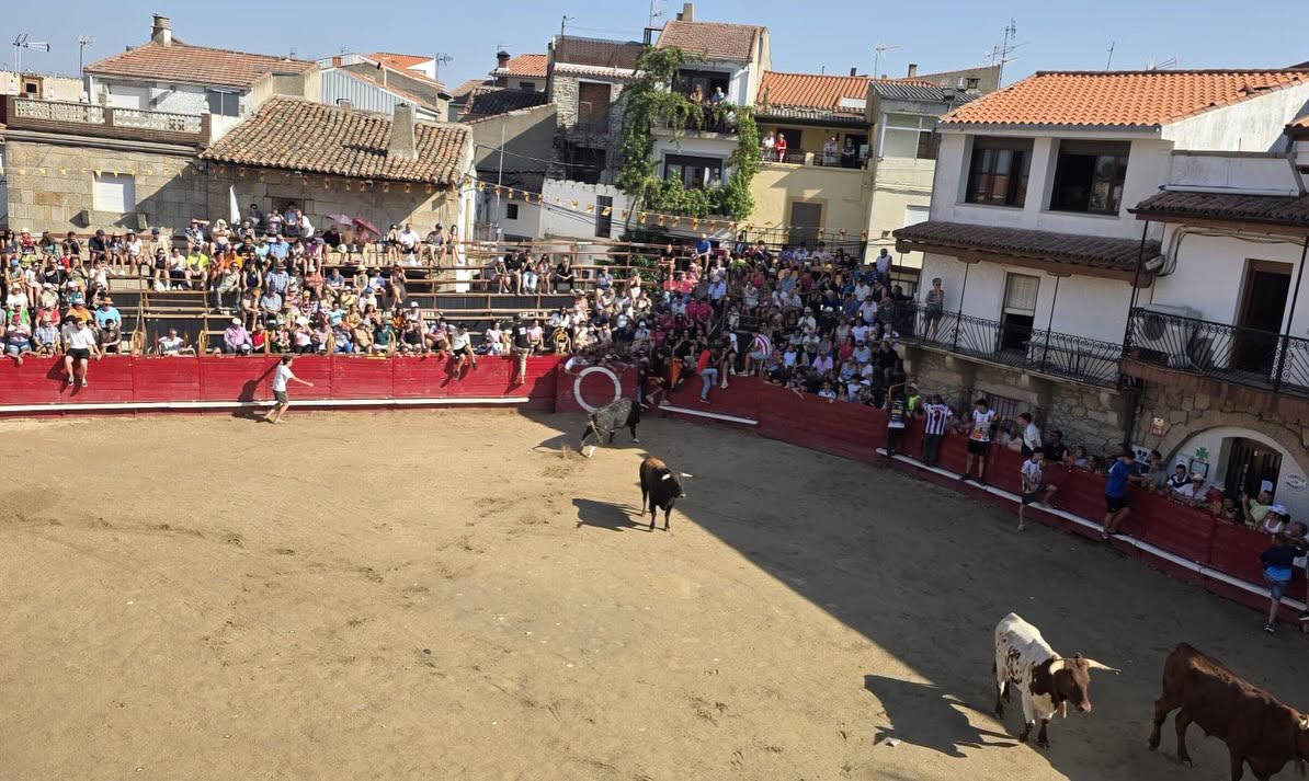 Multitud de personas en la plaza durante las fiestas de Villarino de los Aires