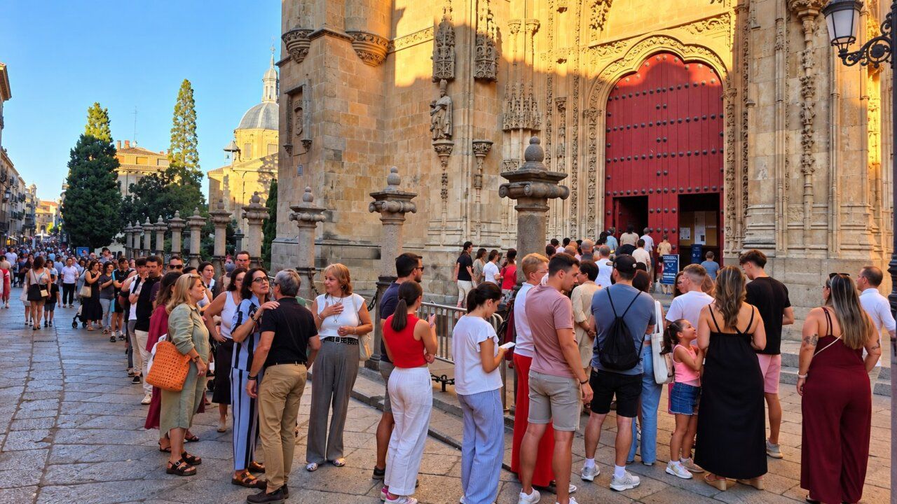 Personas haciendo cola frente a la Catedral de Salamanca para la exposición Vía Áurea.