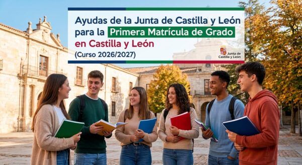 Estudiantes sonrientes con libros en un campus universitario de Castilla y León