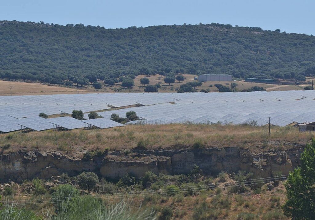Vista de paneles solares en Ciudad Rodrigo con vegetación circundante