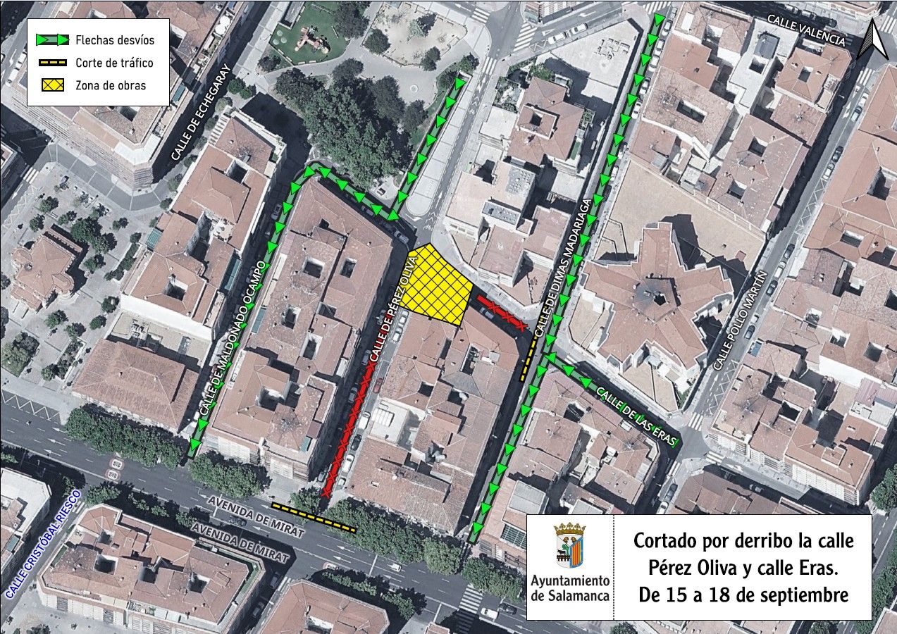Mapa de cortes de tráfico en Pérez Oliva y Las Eras por derribo de edificio