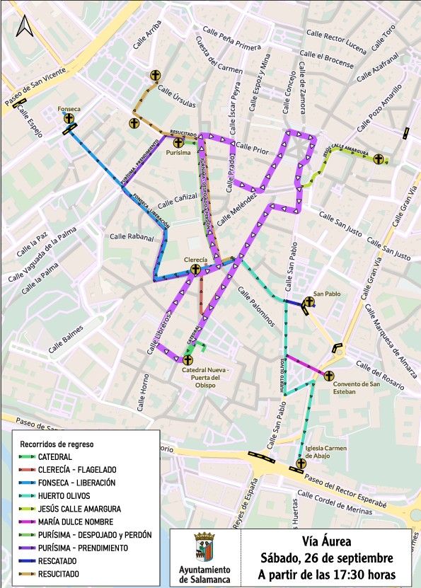 Mapa de cortes de tráfico en Salamanca por la procesión Vía Áurea