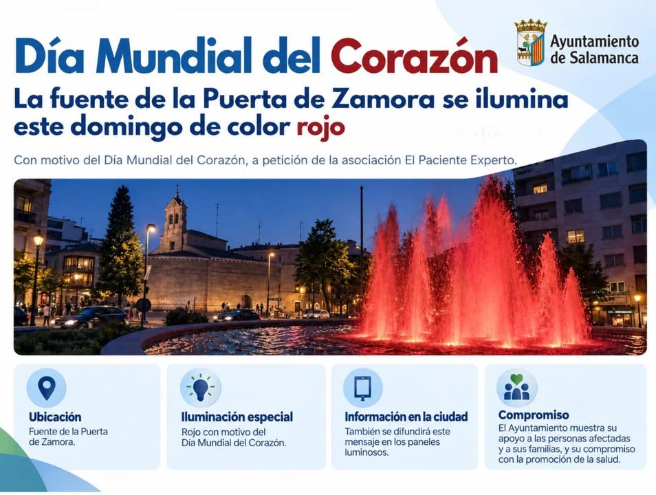La fuente de la Puerta de Zamora iluminada en rojo por el Día Mundial del Corazón