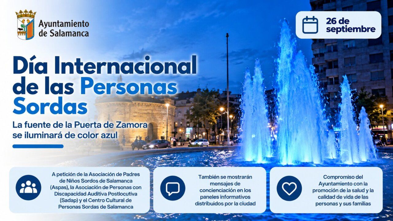 La fuente de la Puerta de Zamora iluminada de azul por el Día Internacional de las Personas Sordas.