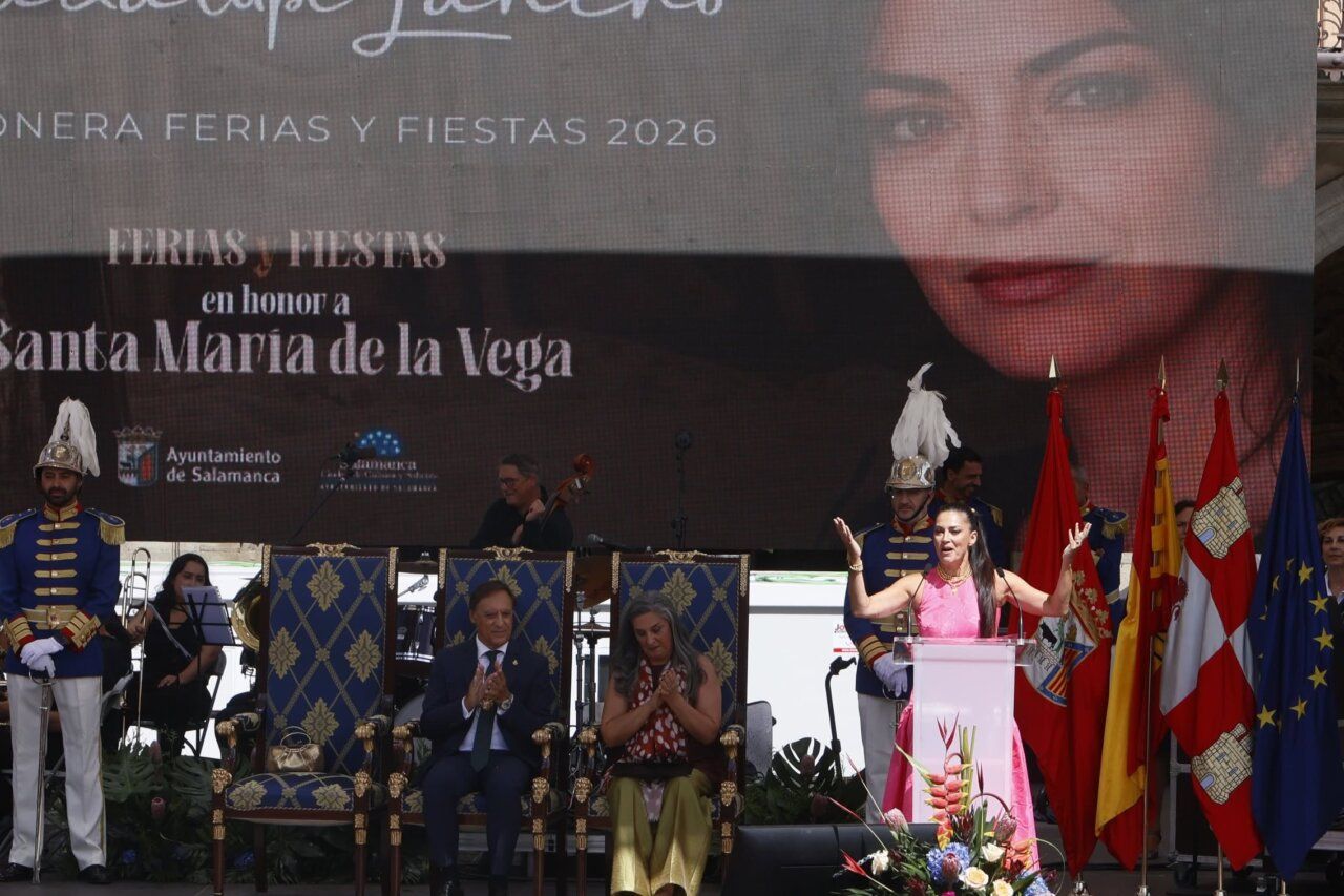 Guadalupe Lancho durante el pregón de las Ferias y Fiestas 2026 en Salamanca.