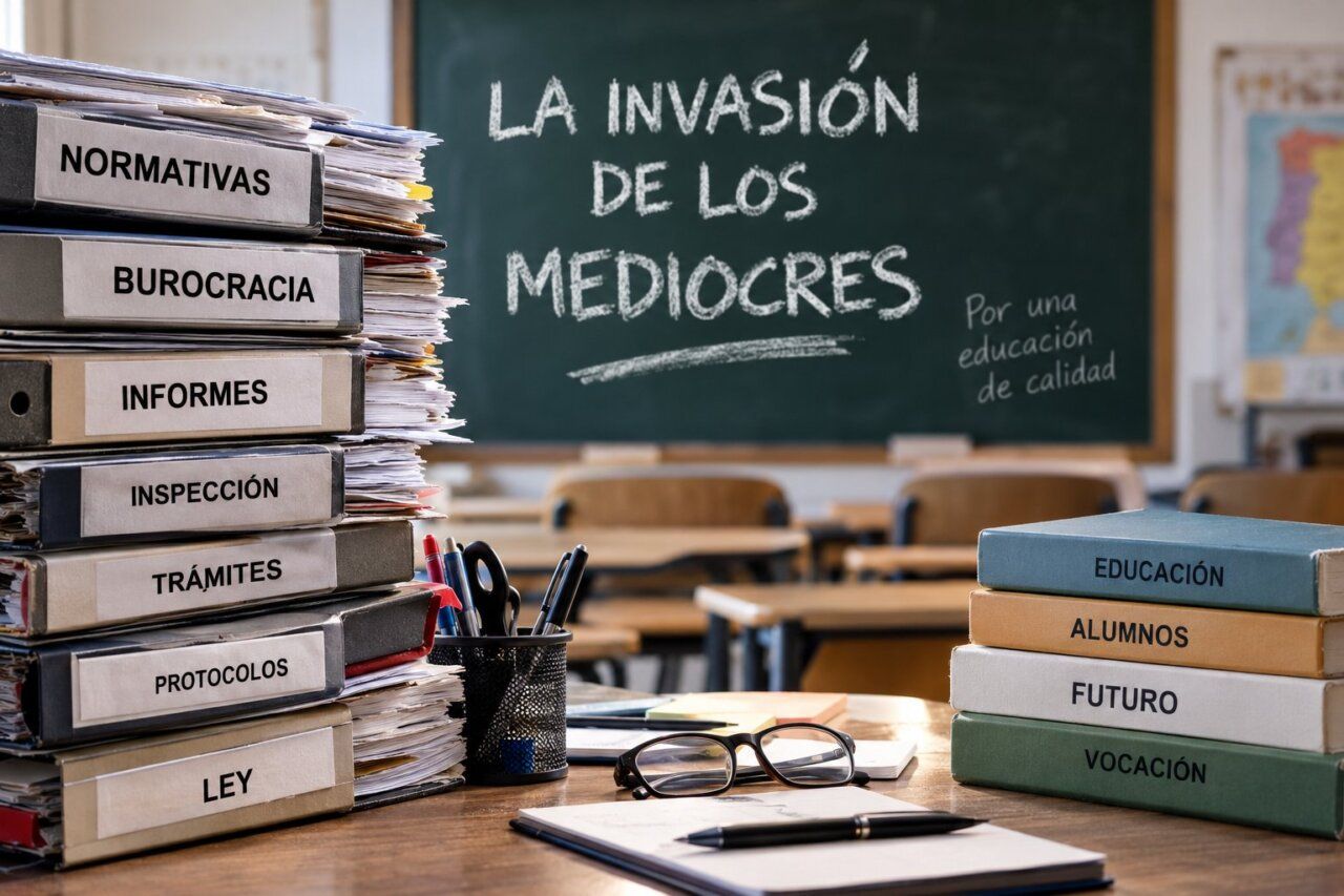 Pilas de documentos y libros en un aula sobre educación