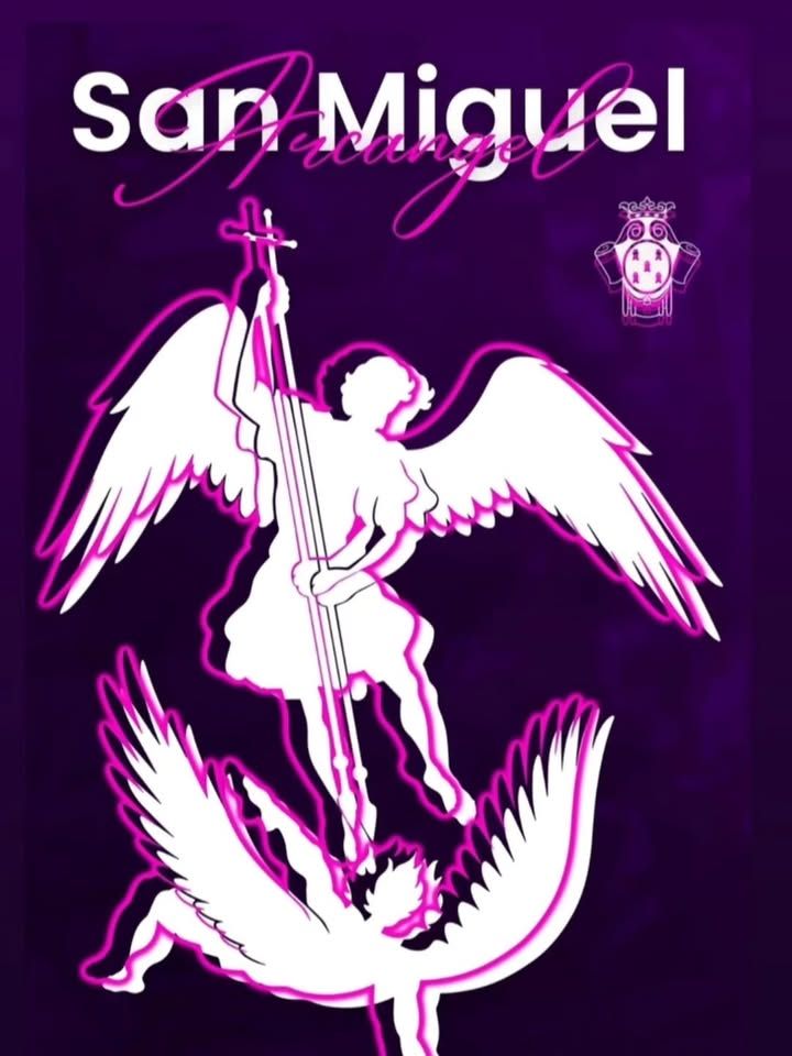 Ilustración de San Miguel Arcángel con fondo morado