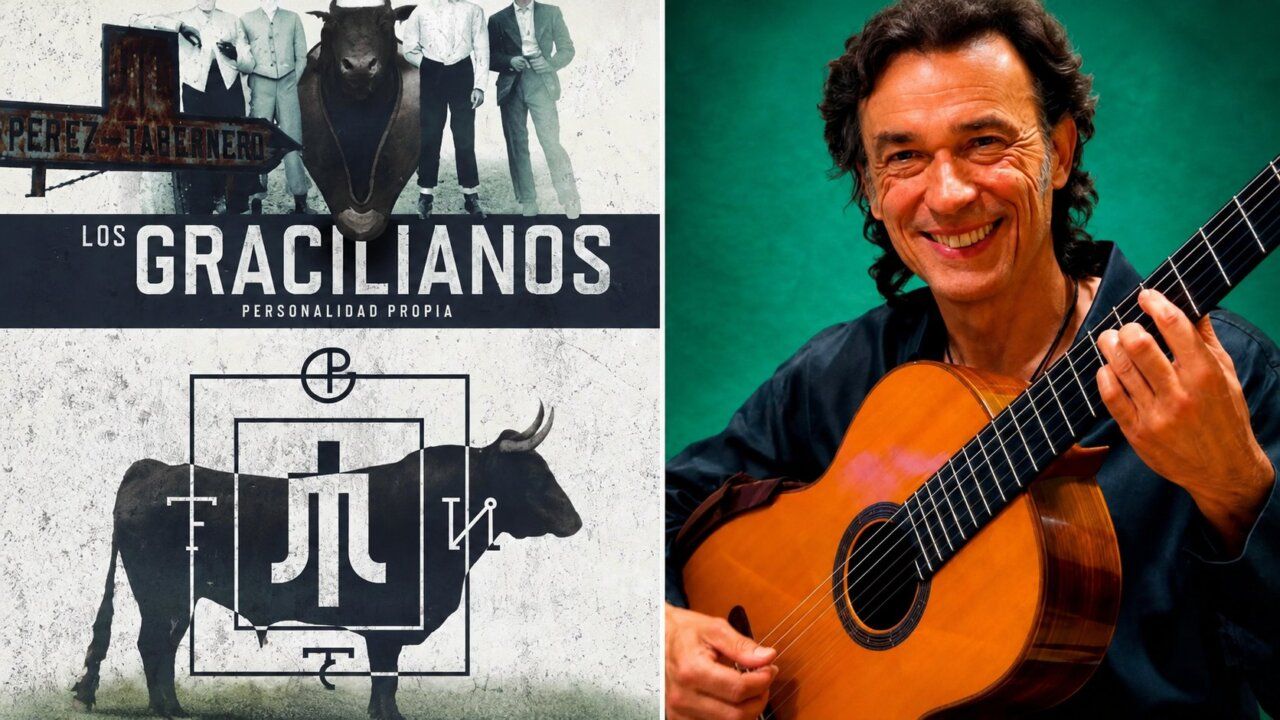 Cartel de Los Gracilianos y músico con guitarra en Salamanca