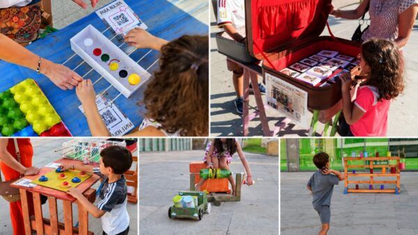 Niños jugando en la Plaza de la Concordia con juegos reciclados