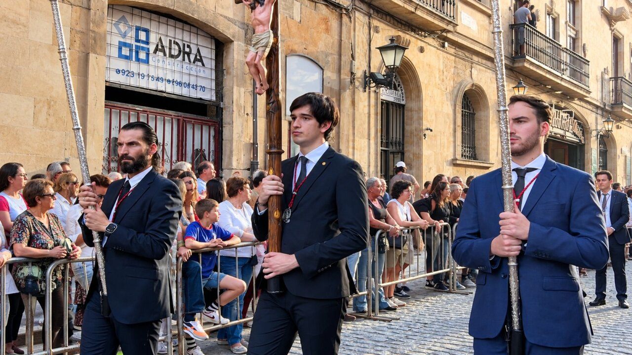 Hombres con varas en la procesión Vía Áurea en Salamanca