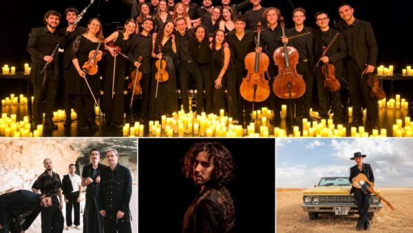 Grupo musical en un escenario con velas durante un concierto en Salamanca