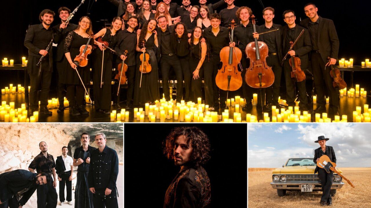 Grupo musical en un escenario con velas durante un concierto en Salamanca
