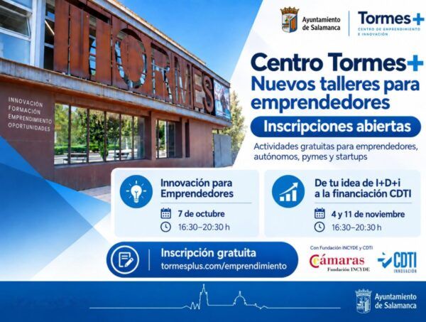 Edificio del Centro Tormes+ en Salamanca con información sobre talleres gratuitos.