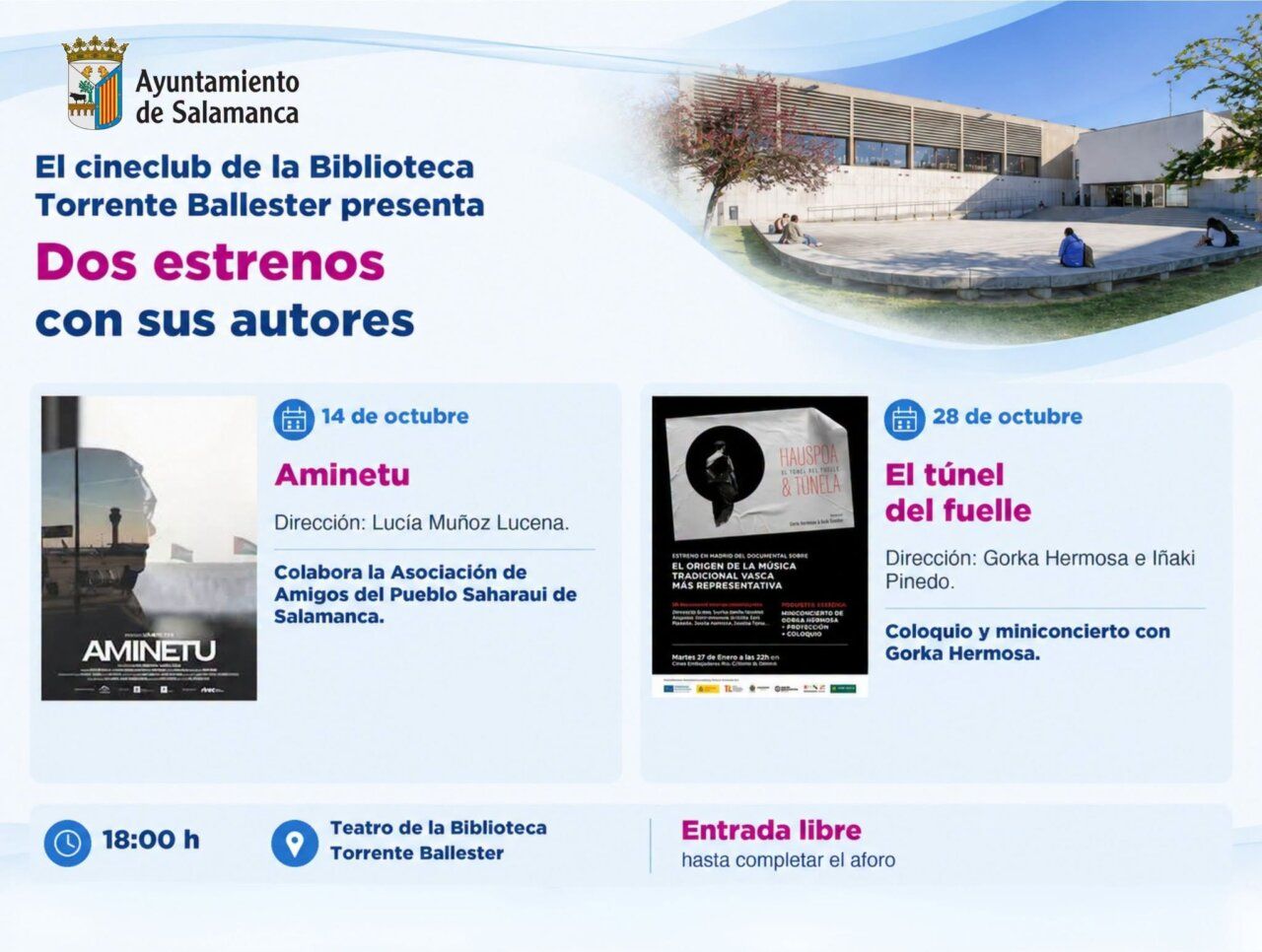 Cartel de estrenos de cine en la Biblioteca Torrente Ballester