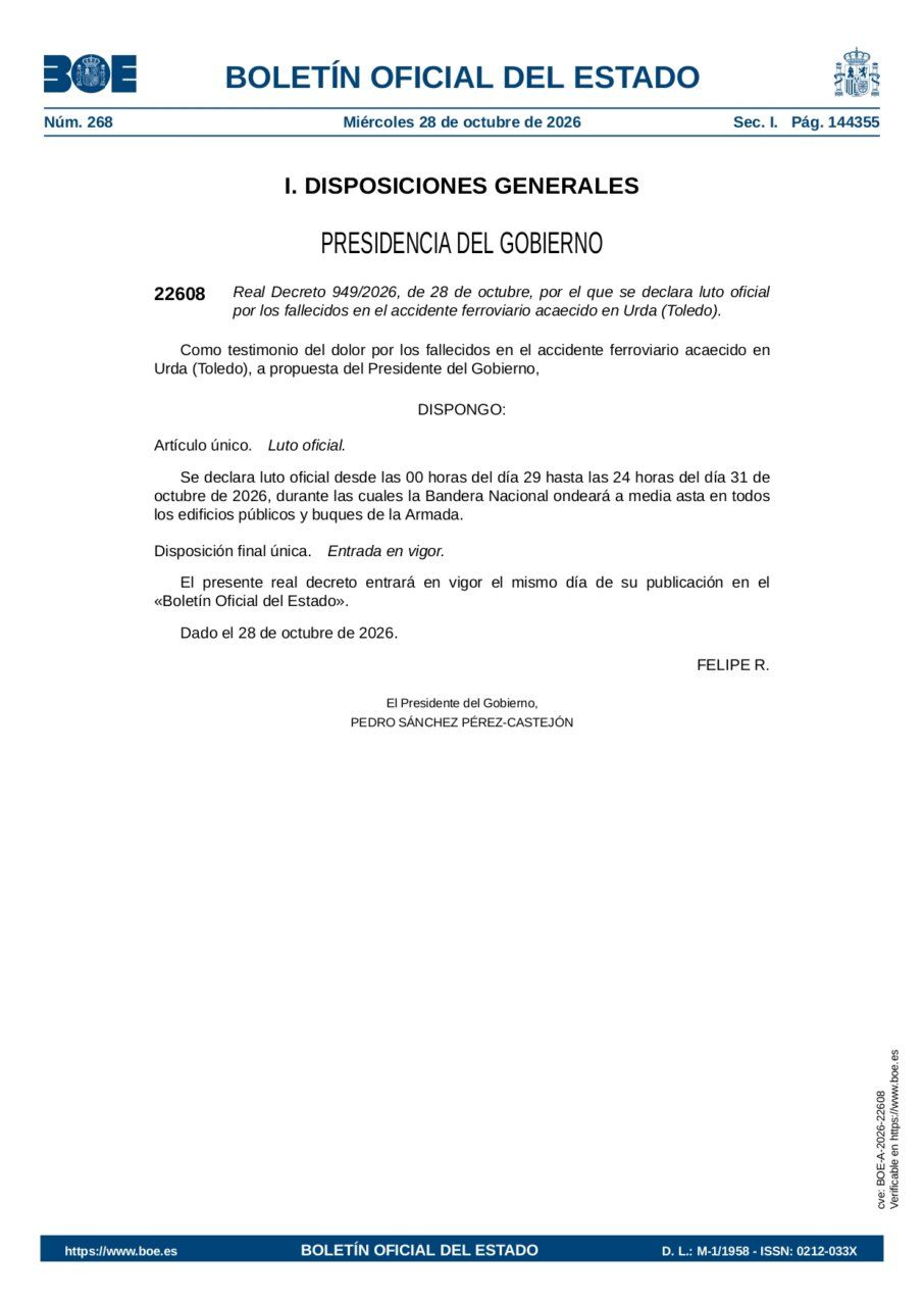 Página del BOE con el real decreto que declara luto oficial por un accidente ferroviario