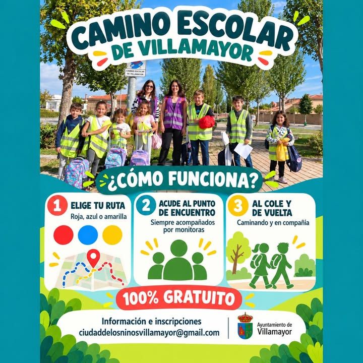 Grupo de niños y adultos en el Camino Escolar de Villamayor